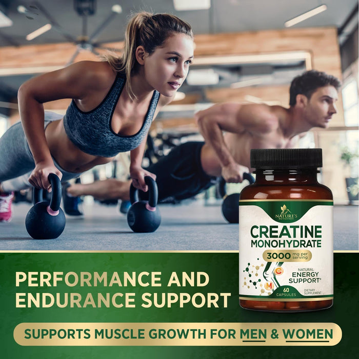 Creatine Monohydrate Capsules 3000mg â€“ Best Micronized Creatine Powder - Supports Lean Muscle, Strength, Energy, & Endurance - Nature's Supplement, Non-GMO, Gluten Free for Women & Men - 60 Capsules