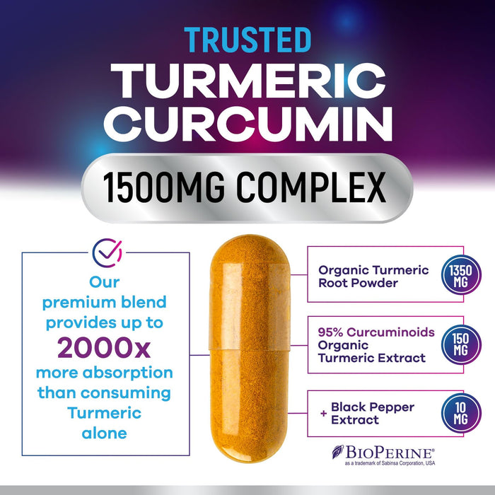 Turmeric Curcumin Supplement with BioPerine 95% Curcuminoids 1500mg with Black Pepper for Best Absorption - Best Natural Vegan Joint Support - Bottled in USA, Non-GMO, Organic Tumeric - 360 Capsules