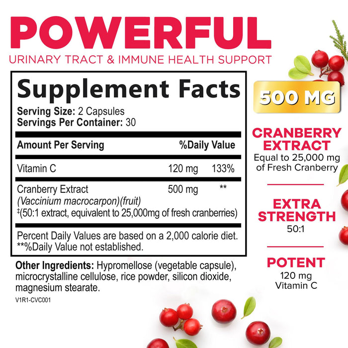 Cranberry Pills for Women - 500 mg Natural Urinary Tract Health Support - Concentrated Formula from Whole Fruit Cranberry & Vitamin C - Sugar Free, Gluten Free, Non-GMO Supplement - 60 Capsules