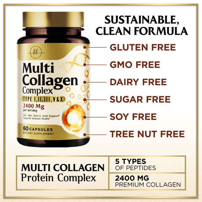 Multi Collagen Peptides for Women â€“ 2400mg Best Hydrolyzed Collagen Complex with 5 Types (I, II, III, V, X) - Grass Fed â€“ Hair, Skin, Nail, Bone & Joint Support for Beauty & Wellness â€“ 60 Capsules