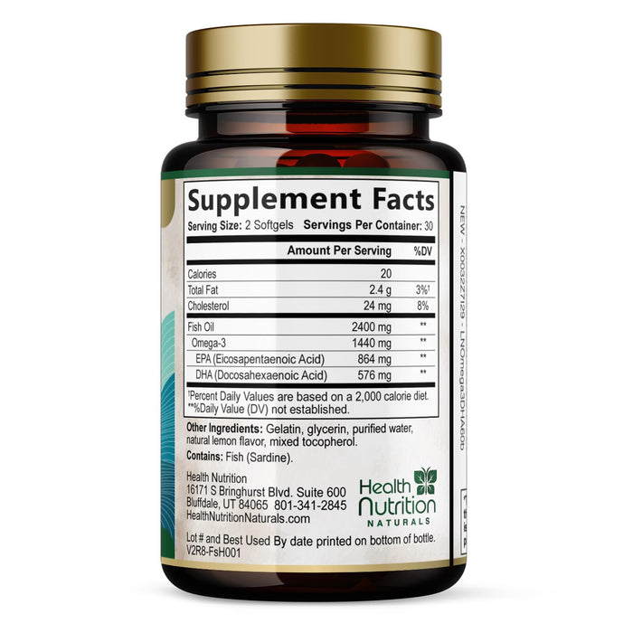 Omega 3 Fish Oil Triple Strength 1200 mg, Omega-3 Supplements, Natural Brain Heart Health & Immune Support - Fatty Acids with EPA & DHA - Wild Caught Purified Fish Oil Supplement - 60 Softgels