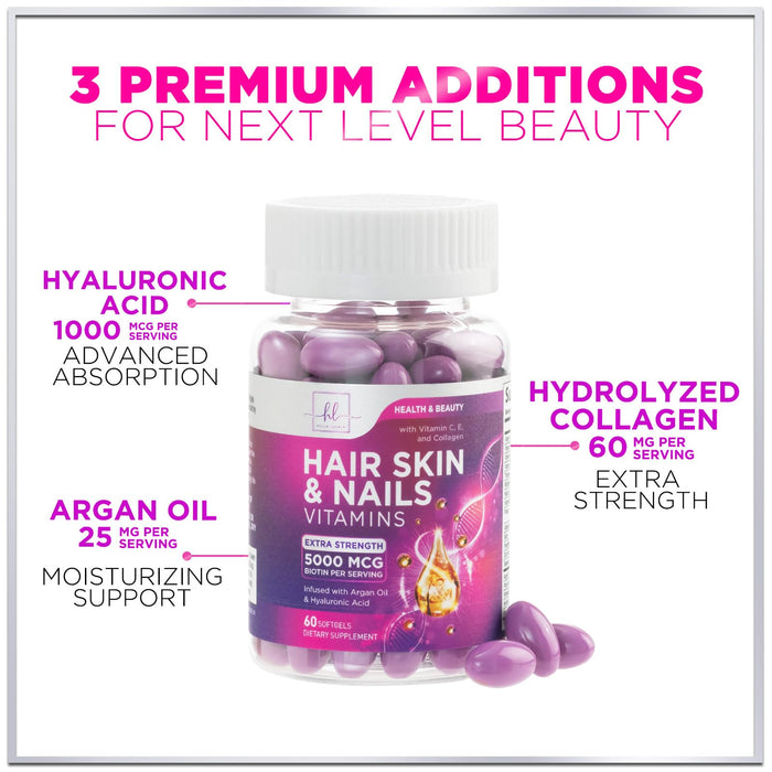 Hair, Skin & Nails Vitamins for Women - Biotin 5000mcg to Support Hair Growth with Argan Oil, Collagen & Hyaluronic Acid, Beautiful, Stronger Skin, Hair & Nails Vitamin Supplement - 60 Softgels