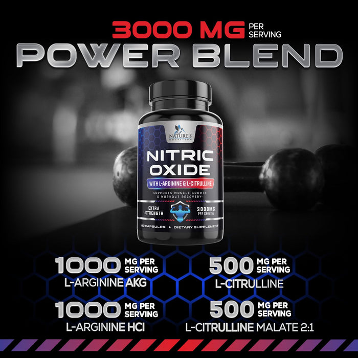 Nitric Oxide Formula with L-Arginine + Citrulline – 3000mg – 180 Capsules