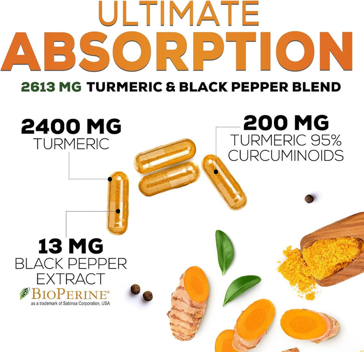Turmeric Curcumin Supplement with BioPerine 95% Curcuminoids 2600mg with Black Pepper for Best Absorption, Bottled in USA, Best Natural Vegan Joint Support, Nature's Non-GMO Tumeric - 240 Capsules