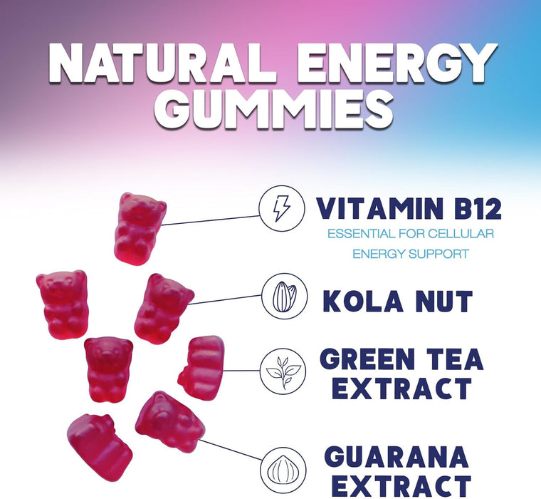 Energy Gummies 1000 mcg Vitamin B12, Green Tea Natural Caffeine Support, Daily Energy Gummies Vitamins, Delicious Berry Flavor B12 Chewable Exercise Supplement for Running Cycling & Sports - 120 Chews