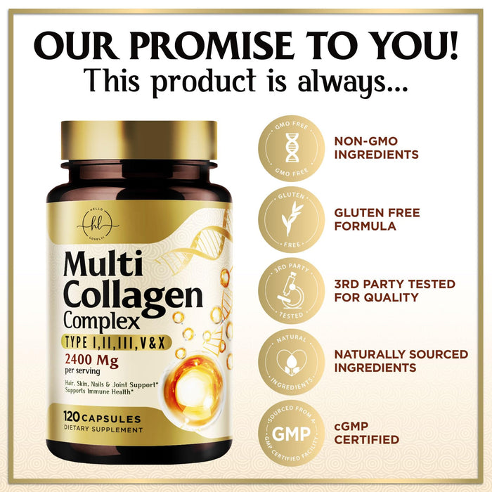 Multi Collagen Peptides for Women â€“ 2400mg Best Hydrolyzed Collagen Complex with 5 Types (I, II, III, V, X) - Grass Fed - Hair, Skin, Nail, Bone & Joint Support for Beauty & Wellness â€“ 120 Capsules