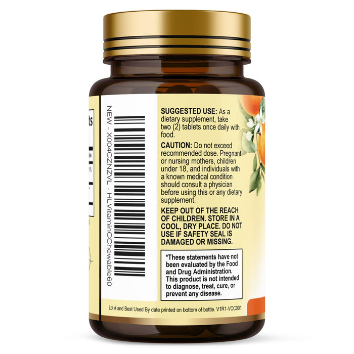 Vitamin C Supplement 1000mg - Extra Strength with Rose Hips Bioflavonoids - Sugar Free Vitamin C Chewable Pills, Nature's Vit C for Immune Support & Antioxidant Protection - 60 Chewable Tablets