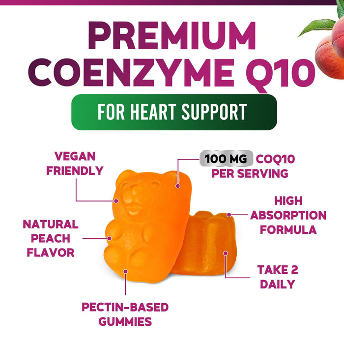 Nature's Nutrition CoQ10 Gummies 100mg â€“ High Absorption Coenzyme Q10 Supplement for Heart Health, Energy & Antioxidant Support â€“ Peach Flavor Gummy, Vegan, Non-GMO, Gluten Free â€“ 30 Count
