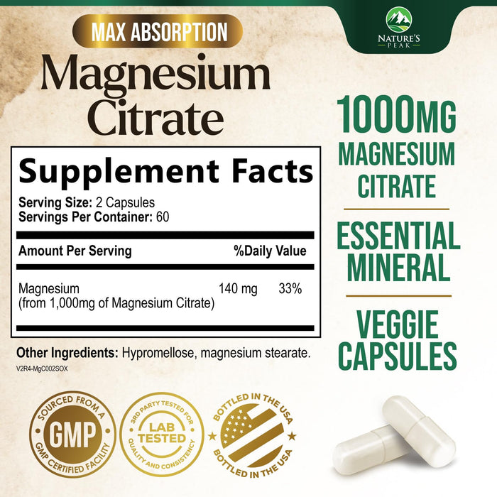 Magnesium Citrate 1000mg - High Absorption Magnesium Supplement Supports Muscle, Bone, Nerve & Heart Health - Extra Strength Magnesio Complex Pills - Non-GMO, Premium Energy Formula - 120 Capsules