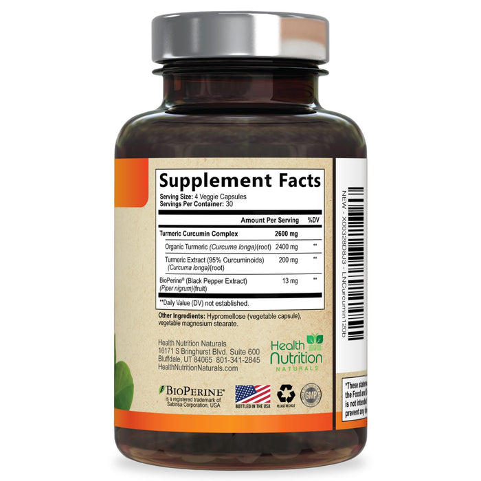 Turmeric Curcumin Supplement 2600mg - 95% Curcuminoids with Organic Turmeric & BioPerine Black Pepper for Best Absorption, Nature's Vegan Joint Support, Non-GMO Tumeric, Bottled in USA - 120 Capsules