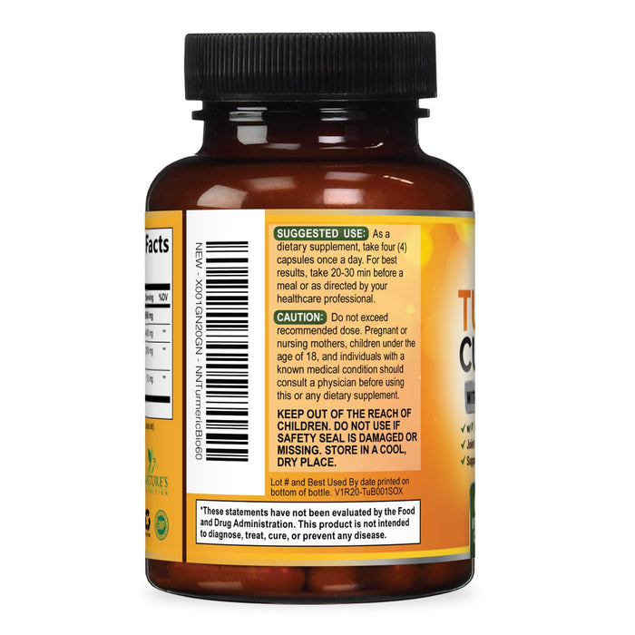 Turmeric Curcumin Supplement with BioPerine 95% Curcuminoids 2600mg with Black Pepper for Best Absorption, Bottled in USA, Best Natural Vegan Joint Support, Nature's Non-GMO Tumeric - 60 Capsules