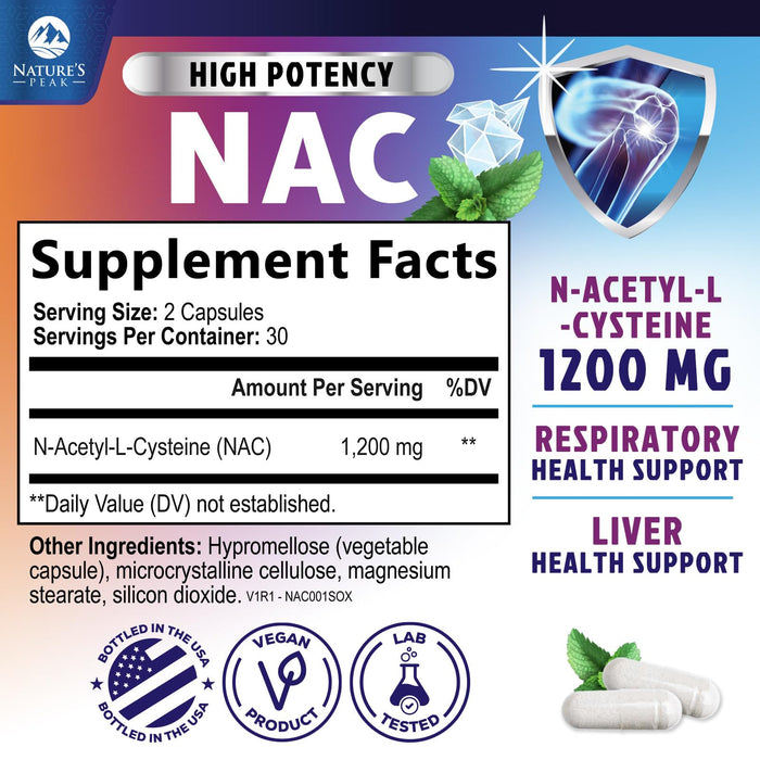 N-Acetyl Cysteine (NAC) 1200 mg â€“ Premium Antioxidant & Immune Support - Glutathione Precursor for Liver, Lung & Respiratory Support â€“ Nature's Fast Absorption, Non-GMO, Gluten-Free - 60 Capsules