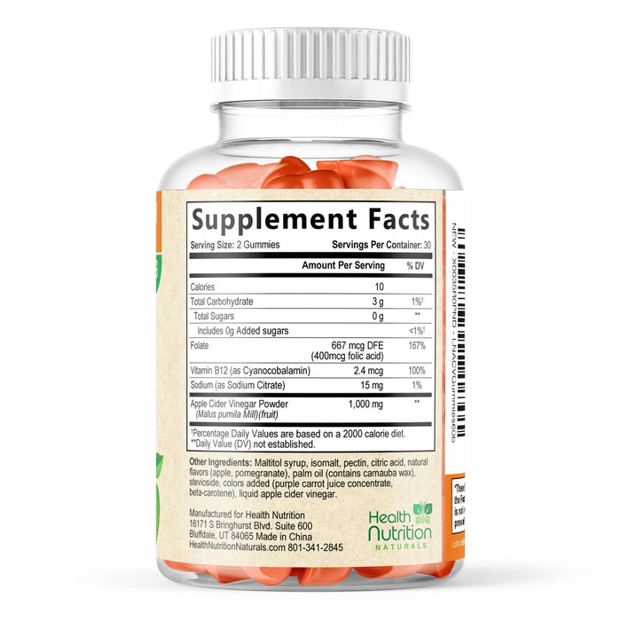 Apple Cider Vinegar Gummies - Sugar Free ACV Gummy Vitamins, Max Strength 1000mg, Supports Metabolism & Energy, Keto Friendly, Vitamin B12, Gelatin-Free, Gluten-Free, Vegan & Non-GMO - 60 Gummies