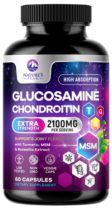 Glucosamine Chondroitin MSM Joint Supplement 2100mg - with Glucosamine Sulfate, Turmeric, Boswellia, Quercetin & Bromelain – Nature's Extra Strength Flexibility, Mobility & Joint Support, 60 Capsules