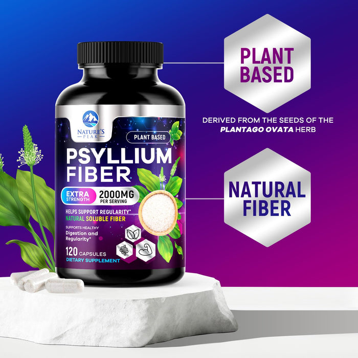 Psyllium Husk Fiber Supplement 1500mg - Vegan Prebiotic, Soluble Fiber for Daily Digestive Health & Regularity Support, Natural Psyllium Powder Caps, Sugar-Free, Non-GMO & Gluten-Free - 120 Capsules