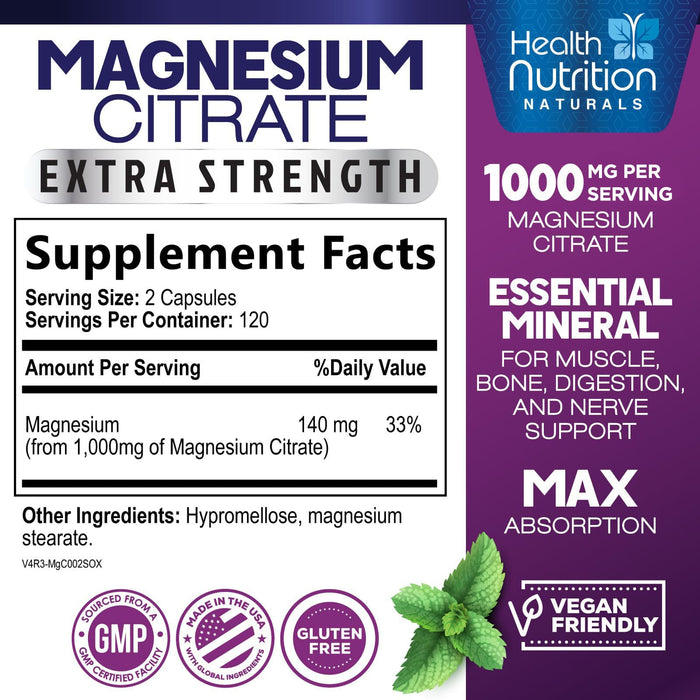 Magnesium Citrate Capsules 1000mg - Max Absorption Magnesium Powder for Muscle, Nerve, Bone and Heart Health Support, High Absorption Citrate Complex, Gluten Free, Non-GMO - 240 Capsules