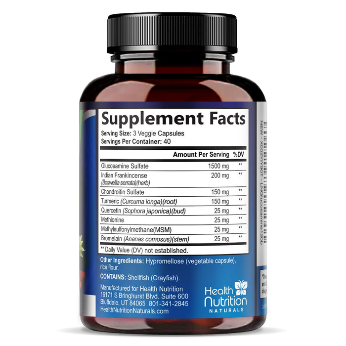 Glucosamine Chondroitin MSM 2100mg Complex - Joint Health Supplement with Turmeric & Boswellia - Quercetin for Cartilage, Flexibility & Mobility - Triple Strength Glucosamine Sulfate - 120 Capsules