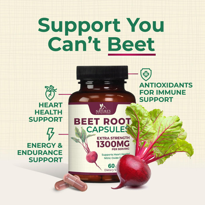 Beet Root Capsules 1300mg - Extra Strength Red Beetroot Powder Supplement â€“ Supports Nitric Oxide Production, Heart Health & Natural Energy â€“ Non-GMO, Vegan, Gluten Free â€“ 60 Veggie Capsules