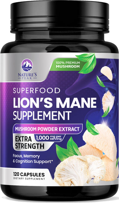 Lions Mane Mushroom Capsules 10,000mg - Lion’s Mane Supplement Capsules for Memory and Focus Support, Brain, Immune Health Support, Vegan, Bottled in USA, Lions Mane Mushroom Powder Extract, 120 Count