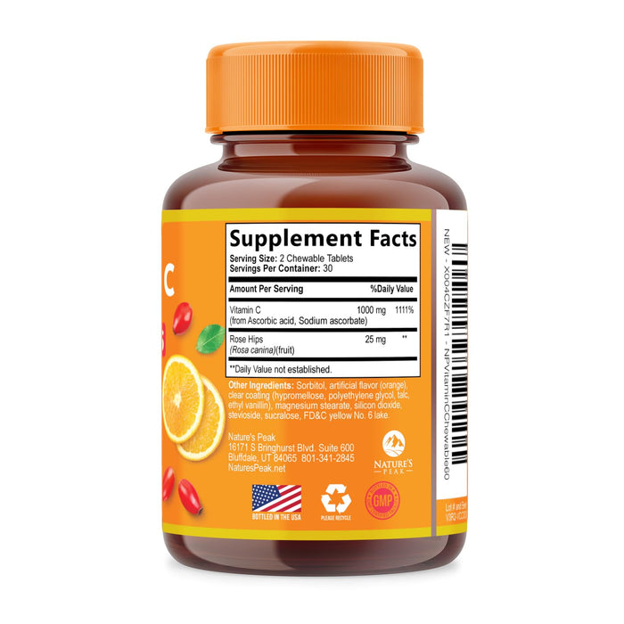 Vitamin C 1000mg Chewable Supplement - Extra Strength Immune Support Vitamin C Dietary Supplement with Rose HIPS, Nature's VitaminC Antioxidant Support, Natural, Vegan, Orange Flavor - 60 Tablets