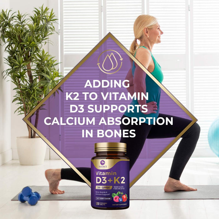 Vitamin D3 K2 - 5000 iu Vitamin D3 & 100 mcg Vitamin K2 (MK-7) Complex for Immune Support - Bone, Teeth & Muscle Health Support - Berry Chewable, Gluten Free, Non-GMO, Made in USA - 120 Tablets