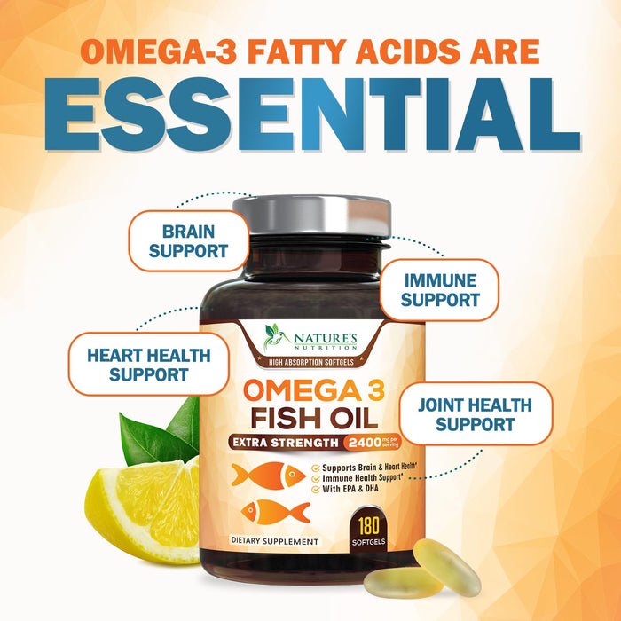 Omega 3 Fish Oil 2400 mg - Triple Strength EPA & DHA Fatty Acids for Heart, Brain & Joint Support Wild-Caught, Burpless, Lemon Flavor Supplement Natural, Non-GMO, Gluten-Free - 180 Softgels