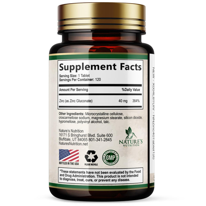 Zinc 40mg Supplements for Women and Men, Supplement for Immune Health Support, Skin Health Support, & Antioxidant Supplement for Adults with Zinc Gluconate 40 mg, High Potency, Non-GMO - 120 Tablets