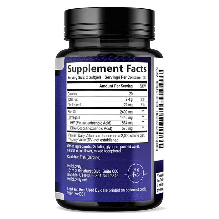 Omega 3 Fish Oil Supplements 2400mg - Triple Strength Omega 3 Fatty Acids, Natural Heart Health Brain & Joint Support - Fatty Acids with EPA & DHA - Wild Caught Fish Oil Supplement - 60 Softgels