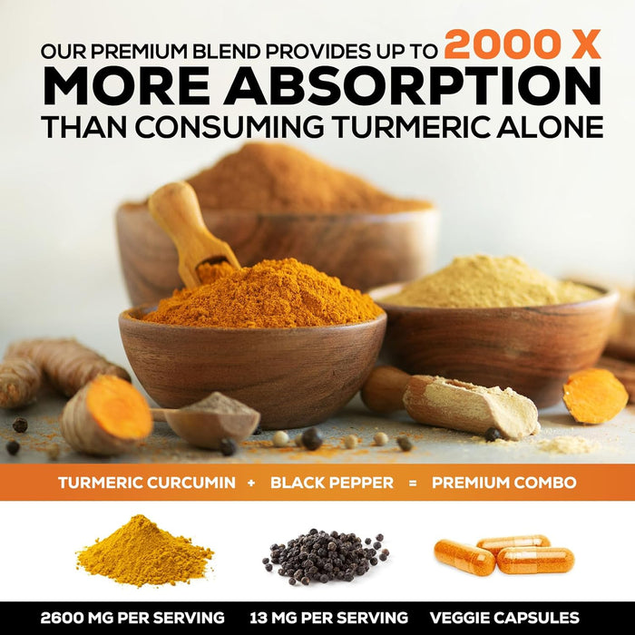 Turmeric Curcumin Supplement with BioPerine 95% Curcuminoids 2600mg with Black Pepper for Best Absorption, Bottled in USA, Best Natural Vegan Joint Support, Nature's Non-GMO Tumeric - 120 Capsules