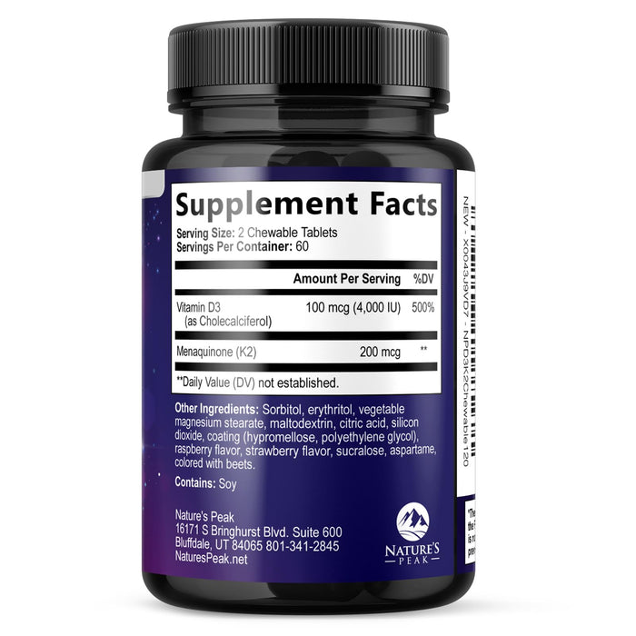 Vitamin D3 K2 - 5000 iu Vitamin D3 & 100 mcg Vitamin K2 (MK-7) Complex for Immune Support - Bone, Teeth & Muscle Health Support - Berry Chewable, Gluten Free, Non-GMO, Made in USA - 120 Tablets