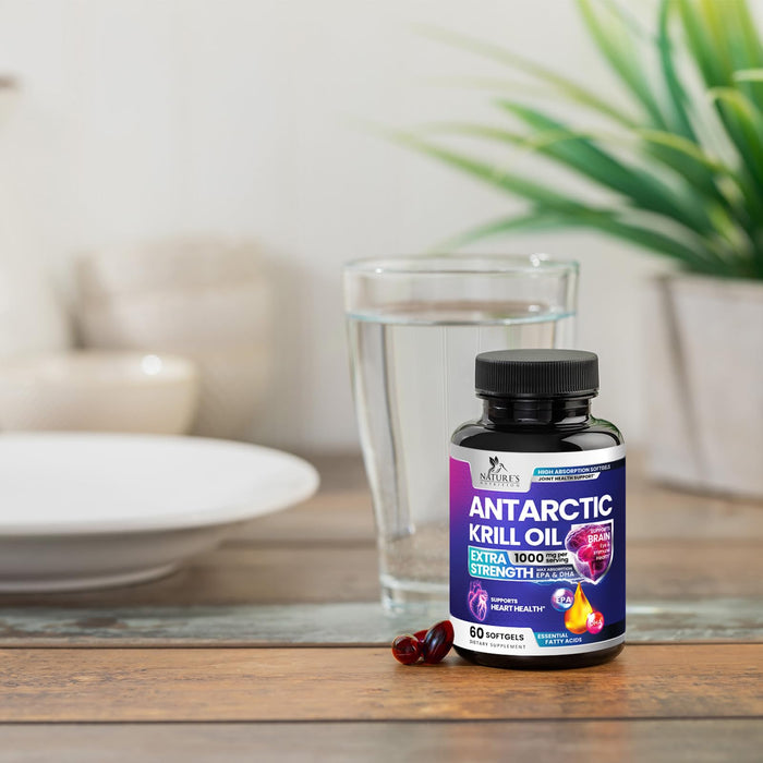 Krill Oil Omega 3 Supplement - 1000 mg with Astaxanthin Sourced from Red Krill, Antarctic Krill Oil with Omega 3 EPA, DHA, Triple Strength Brain Health Immune Support with Phospholipids - 60 Softgels
