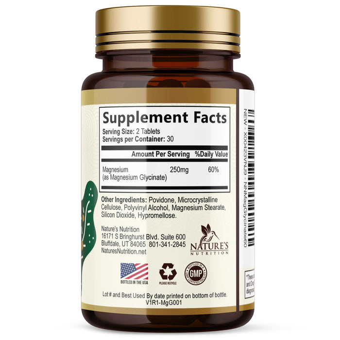 Magnesium (Glycinate) - Magnesium Supplement for Heart Health, Nerve, Muscle, Bone, and Sleep Support - 100% Chelated & High Absorption - 250 mg per Serving - Gluten Free, Vegan, Non-GMO - 60 Count
