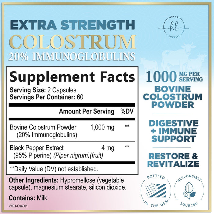 Colostrum 1000mg 20% IgG Immunoglobulins - Gut Health, Digestion & Immune Support, Bovine Colostrum Powder for Women, Muscle, Skin & Hair Growth Support, Bottled in the USA, Gluten Free - 120 Capsules