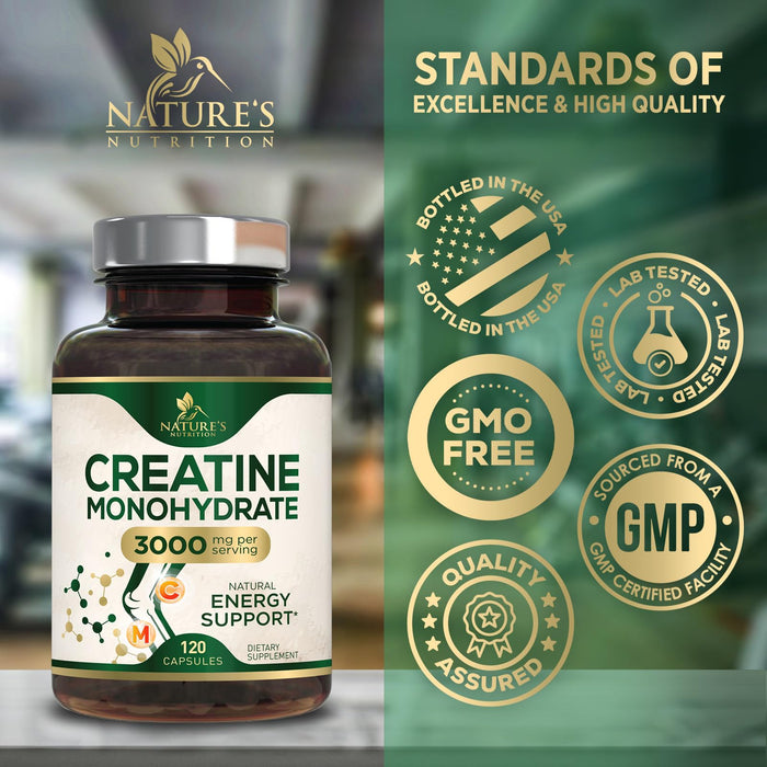 Creatine Monohydrate Capsules 3000mg â€“ Best Micronized Creatine Powder - Supports Lean Muscle, Strength, Energy, & Endurance - Nature's Supplement, Non-GMO, Gluten Free for Women & Men - 120 Capsules