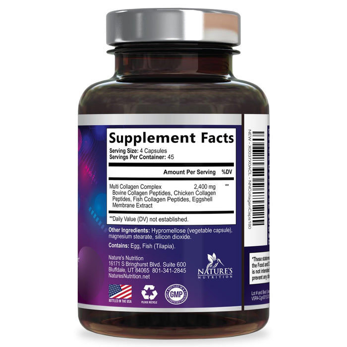 Multi Collagen Peptides Supplement - Hydrolyzed Types I, II, III, V & X Multi Collagen Pills, Hydrolyzed Collagen Peptides Supplements, Hair, Skin, Nail, and Joint Support Supplement, 180 Capsules