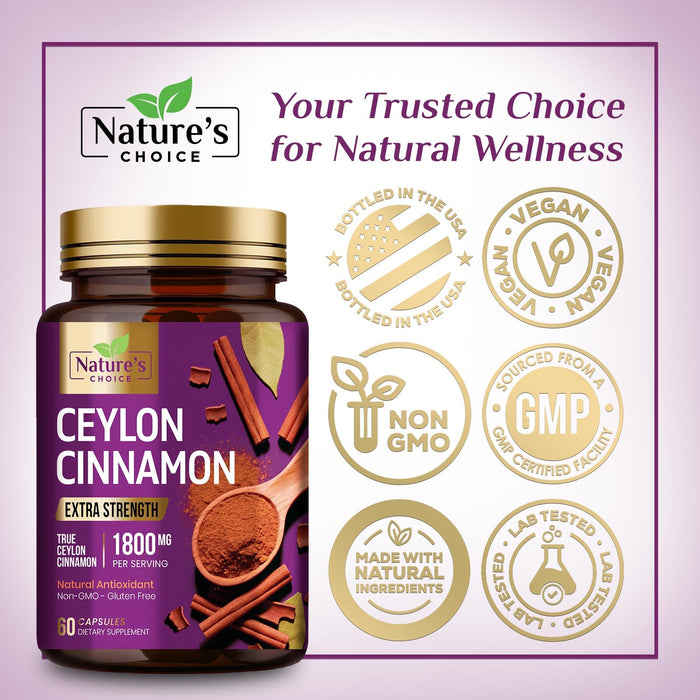 Ceylon Cinnamon Capsules 1800mg - Certified Organic Cinnamon, Bottled in USA, & Pure Extra Strength Ceylon Cinnamon Supplement, Antioxidant Pills, Non-GMO & Gluten Free, Sugar Free - 60 Capsules