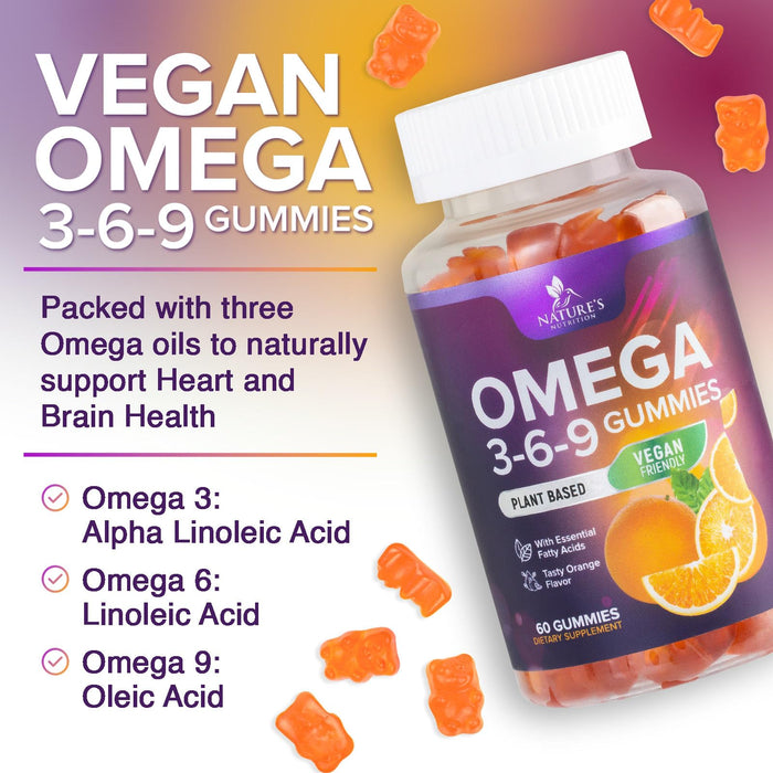 Omega 3 6 9 Vegan Gummies - Triple Strength Omega 3 Supplement Gummy - Essential Oil 369 Heart Support and Brain Support for Women, Men & Pregnant Women, Non-GMO, Orange Flavor - 60 Gummies