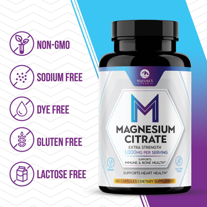 Magnesium Citrate 1000mg - High Absorption Magnesium Supplement Supports Muscle, Bone, Nerve & Heart Health - Extra Strength Magnesio Complex Pills - Non-GMO, Premium Energy Formula - 180 Capsules
