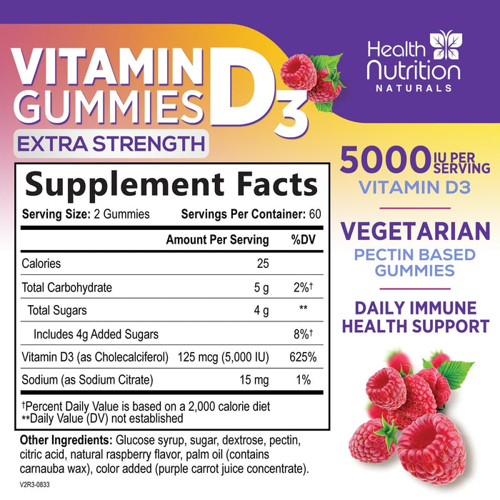 Vitamin D3 Gummies 5000 IU (125 mcg) - Extra Strength Immune Support, Bone, Teeth and Muscle Vitamin D Gummy Dietary Supplement, Nature's Berry D Vitamin Supplement, Raspberry, Non-GMO - 120 Gummies