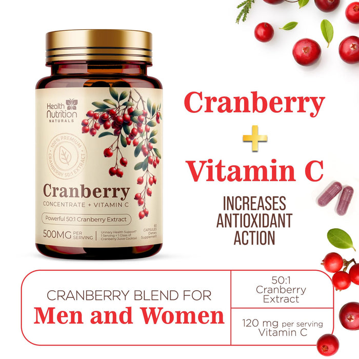 Cranberry Supplement Pills 25,000mg - High Potency Vitamin C Cranberry for Women & Men, Urinary Tract Health Support, Sugar Free, Gluten Free, Non-GMO, Cranberry Concentrate Extract - 60 Capsules
