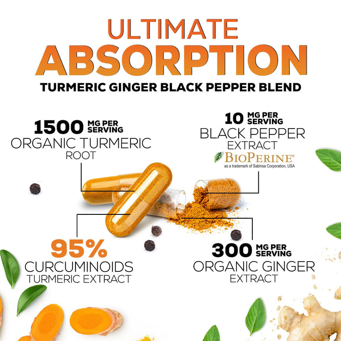 Turmeric Curcumin Supplement 1950mg - 95% Curcuminoids with Organic Turmeric & Ginger, BioPerine Black Pepper for Best Absorption, Nature's Vegan Joint Support, Non-GMO, Bottled in USA - 60 Capsules