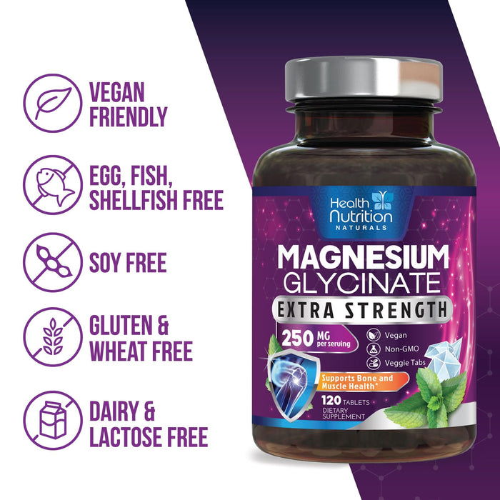 Magnesium Glycinate 250mg - 100% Chelated Magnesium for Max Absorption - Sleep Support, Muscle, Nerves, Bone & Heart Health Support, Best Mag Supplement, Vegan Non-GMO, 3rd Party Tested - 120 Tablets