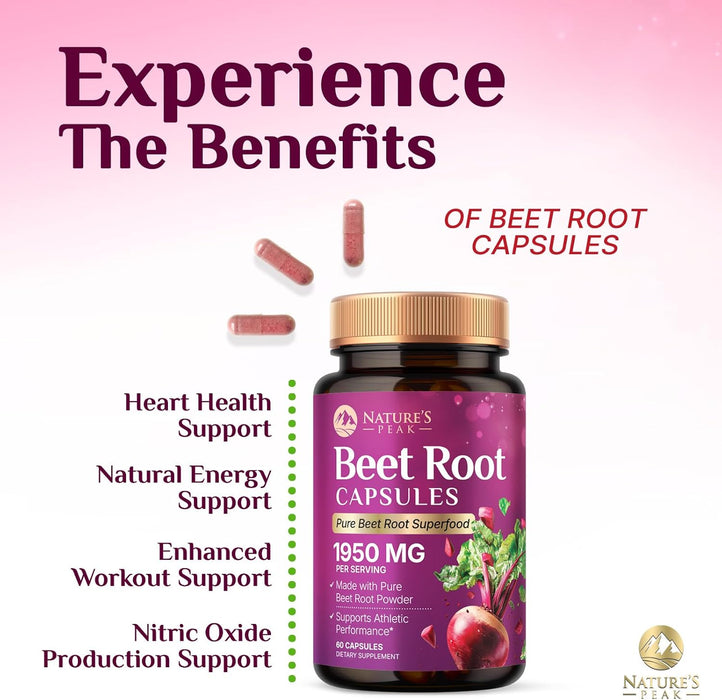 Beet Root Capsules 1950mg - Organic Beetroot Powder in Vegan Capsules - Premium Beet Root Powder Supplement Supports Nitric Oxide Production, Heart Health & Natural Energy - Bottled in USA - 60 Count