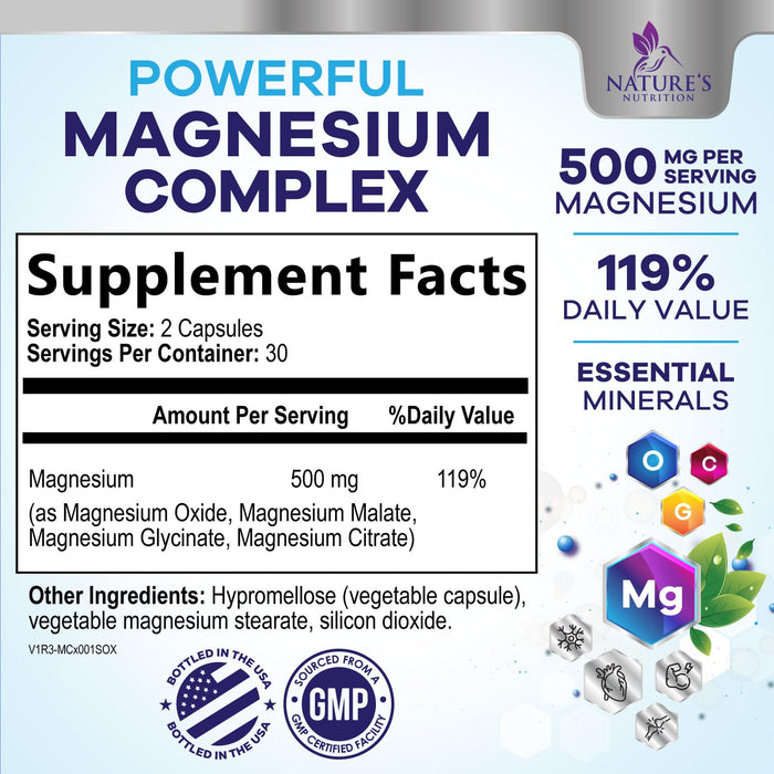 Magnesium Complex Supplement 500 mg - 4 in 1 High Absorption Chelated Magnesium Glycinate, Malate, Citrate, Oxide, Aquamin - Non-GMO Magnesio Capsules, Bone Muscle & Heart Health Support, 60 Capsules