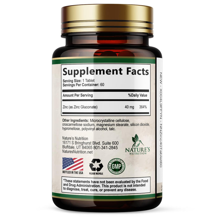 Zinc 40mg Supplements for Women and Men, Supplement for Immune Health Support, Skin Health Support, & Antioxidant Supplement for Adults with Zinc Gluconate 40 mg, High Potency, Non-GMO - 60 Tablets