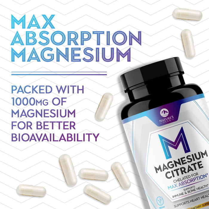 Magnesium Citrate 1000mg - High Absorption Magnesium Supplement Supports Muscle, Bone, Nerve & Heart Health - Extra Strength Magnesio Complex Pills - Non-GMO, Premium Energy Formula - 180 Capsules