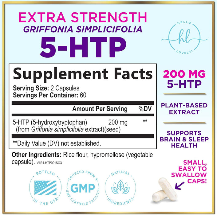 5-HTP Supplement 200mg - Extra Strength 5HTP from Griffonia Simplicifolia - Supports Restful Sleep, Natural Calm & Brain Health - 5 Hydroxytryptophan - Vegan, Gluten Free & Non-GMO - 60 Capsules