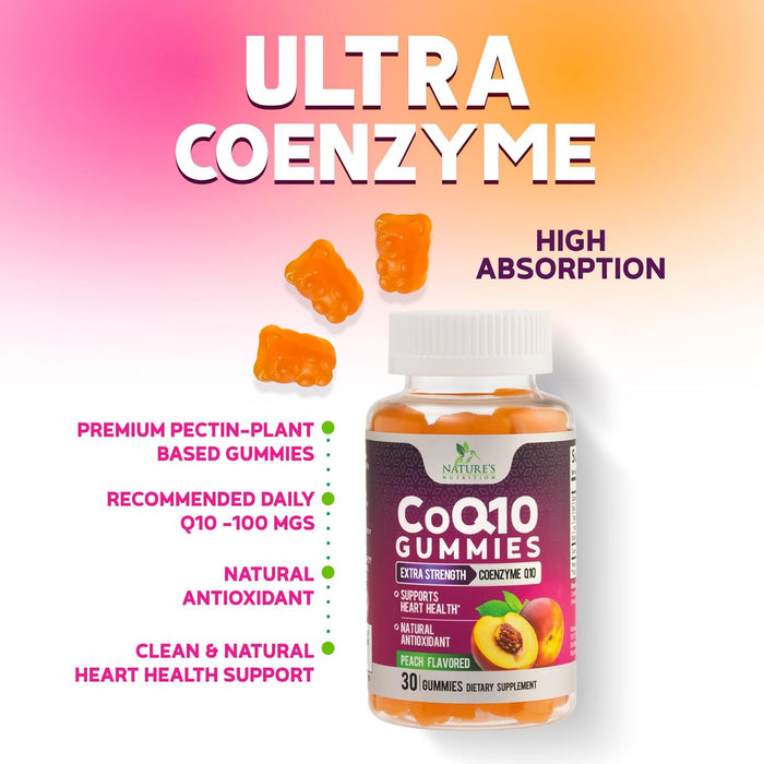 Nature's Nutrition CoQ10 Gummies 100mg â€“ High Absorption Coenzyme Q10 Supplement for Heart Health, Energy & Antioxidant Support â€“ Peach Flavor Gummy, Vegan, Non-GMO, Gluten Free â€“ 30 Count
