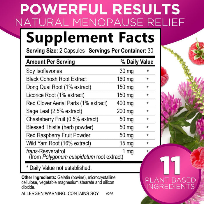 Menopause Supplements for Women with Black Cohosh - Hot Flash and Hormone Support for Women, Natural Menopause Relief Vitamins Support Mild Night Sweats & Balance, Non-GMO & Gluten Free - 60 Capsules