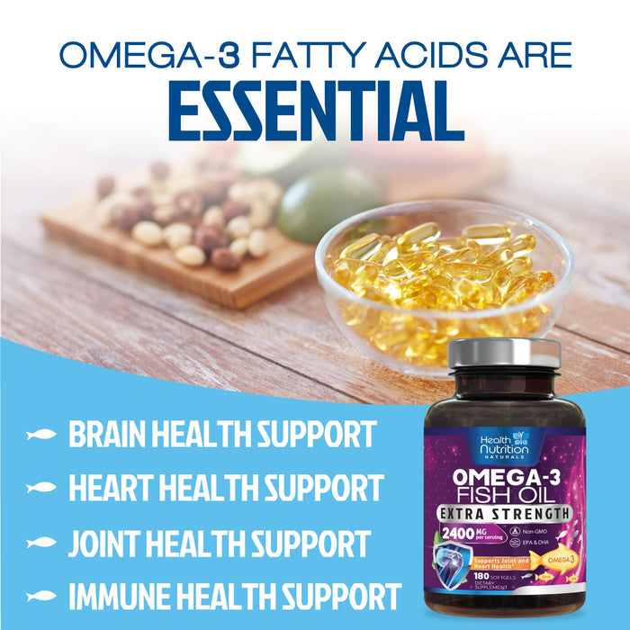 Omega 3 Fish Oil 2400 mg - Triple Strength Omega3, EPA & DHA Fatty Acids Supplement - Natural Support for Immune, Heart & Brain Health - Wild Caught, Non-GMO, Lemon Flavor, Burpless - 240 Softgels